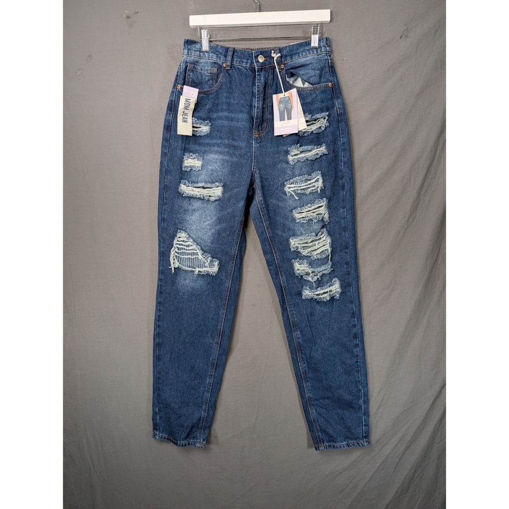Wax Jean Collection Distressed High Rise Mom Jeans Dark Wash 90282 Womens Size L